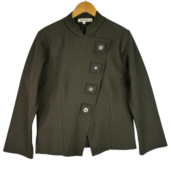 Hannah M Asymmetrical Wool Jacket Olive Green Magnetic Closure Womens Small USA
